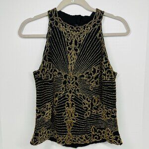 J KARA New York Vintage Black w/ Gold Bead Embellished High Neck Sleeveless Top
